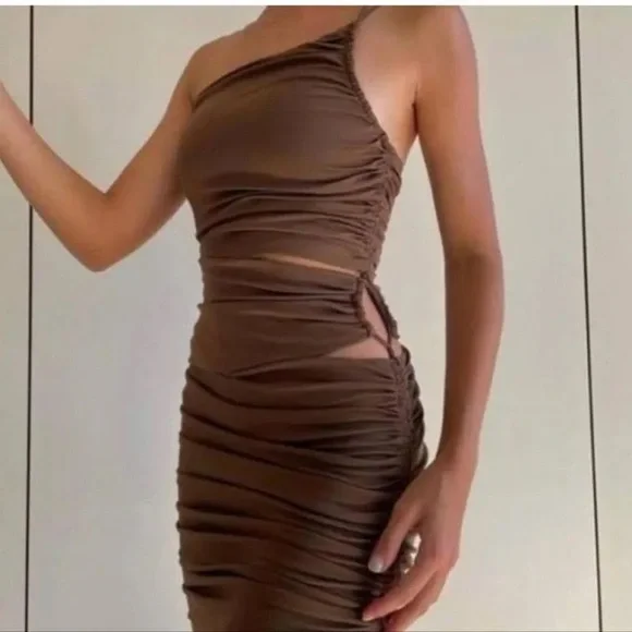 NWOT Zara Brown Asymmetric Draped Cut Out Ruched Mini Dress - Picture 5 of 7